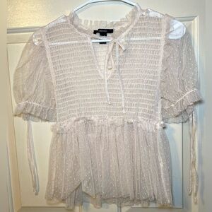 Forever 21 Sheer Ballet‎ Swiss Dot Ruched Babydoll Croquet Women’s Top, M